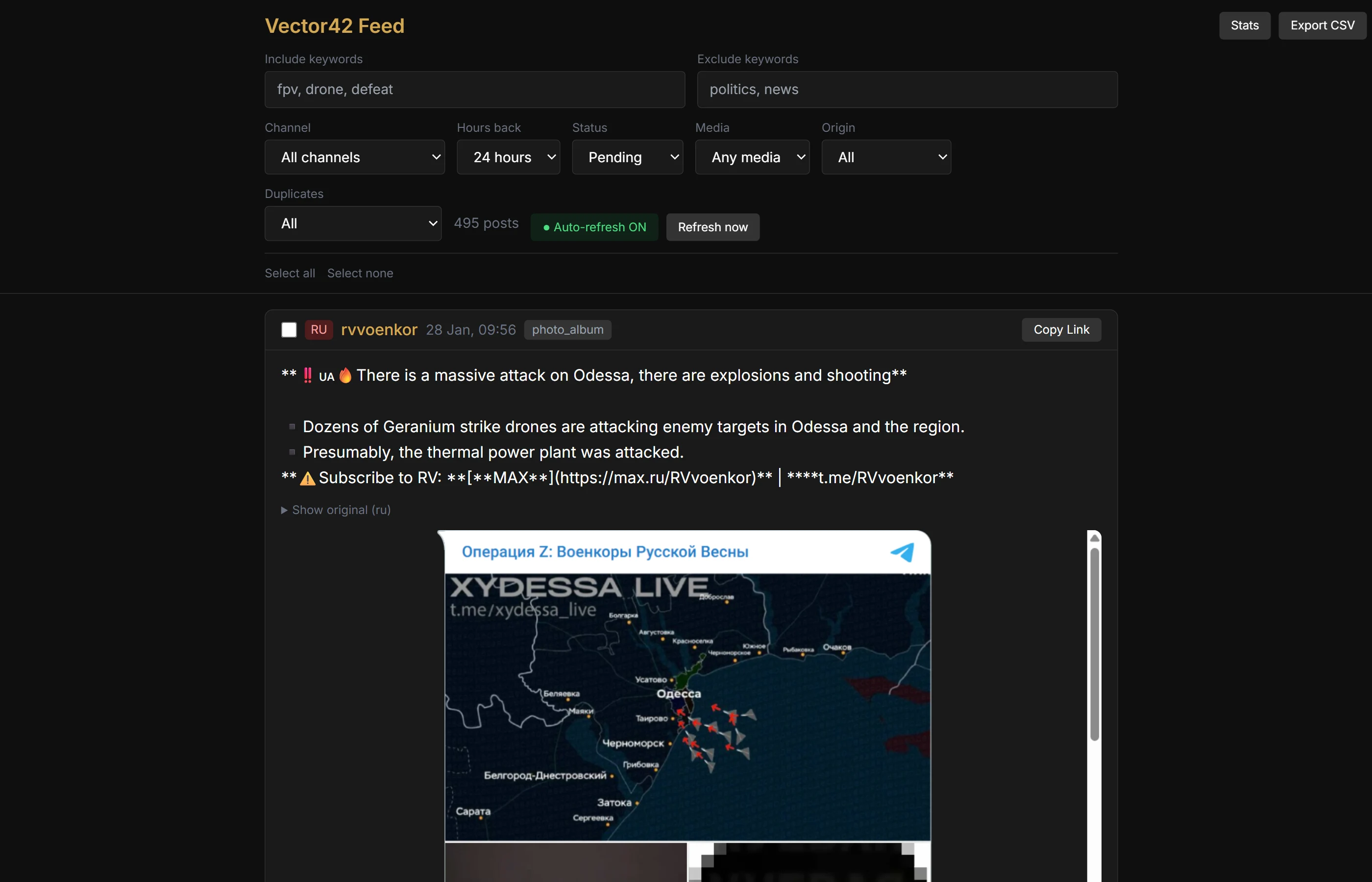 UAV.VX27 Telegram Intelligence Viewer showing filtered feed with auto-translation